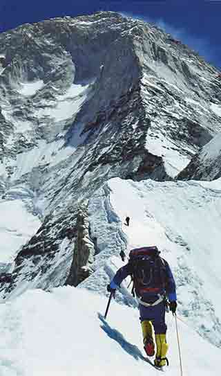
Chris Kopczynski, Kim Momb and Jim States traverse the Twins Arete on the initial section of the Makalu West Pillar 1980 - Himalaya Alpine Style: The Most Challenging Routes on the Highest Peaks book
